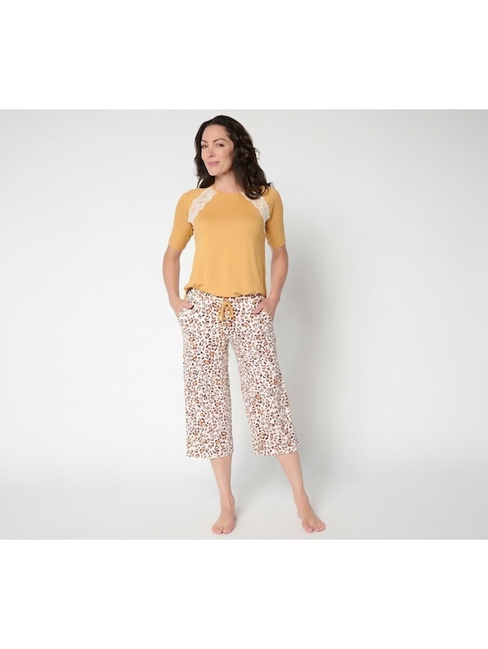 Cuddl Duds Lace Inset Raglan Sleeve Sleepwear Pajama Set Gold/Leopard Size Small